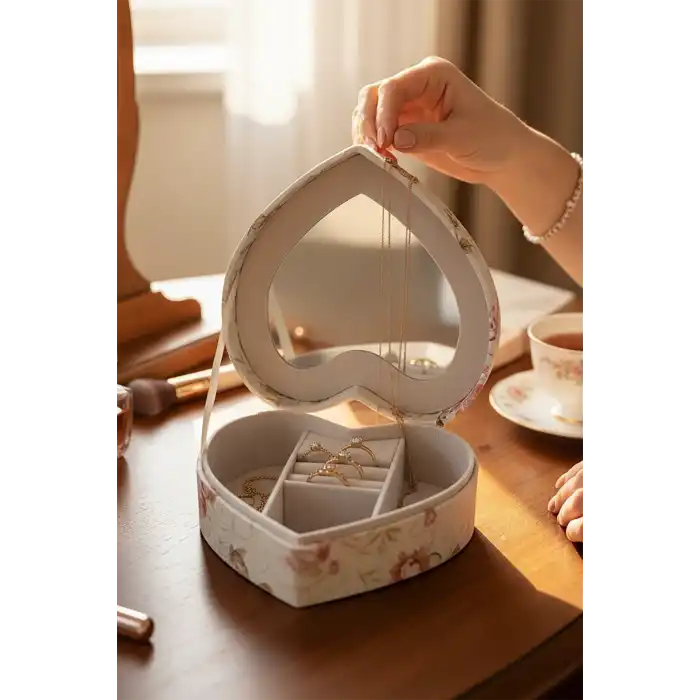 Karışık Renk Çiçek Figürlü Ayna Detaylı Çekmeceli Takı Organizeri