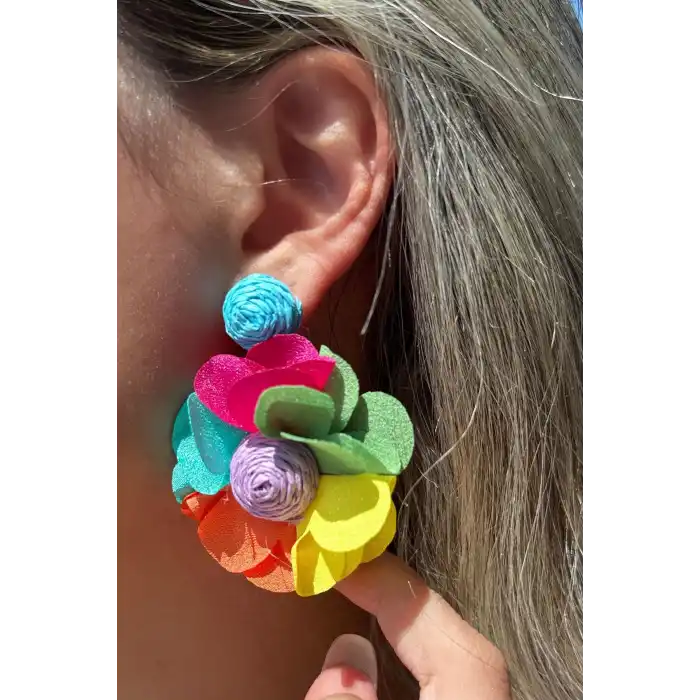 Karışık Renk Çiçek Figürlü Küpe (Çift)