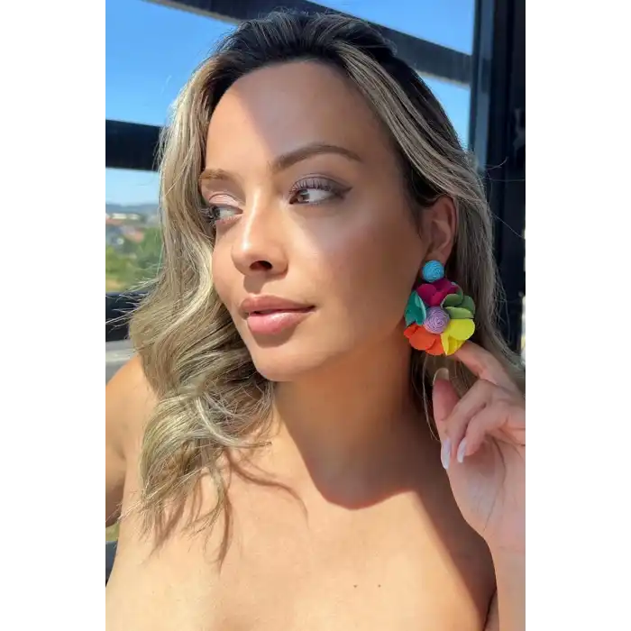 Karışık Renk Çiçek Figürlü Küpe (Çift)