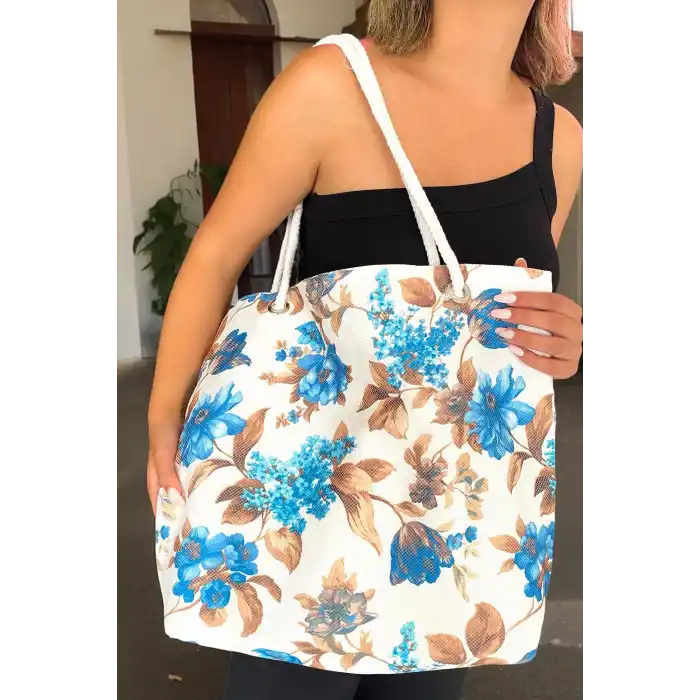 Karışık Renk Çiçek Figürlü Plaj Çantası