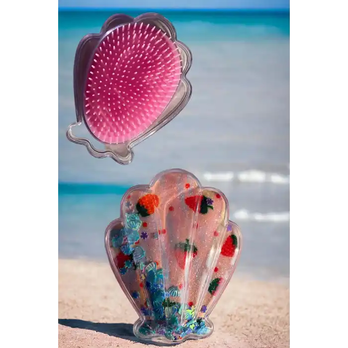 Karışık Renk Deniz Kabuğu Detaylı Çilek Figürlü Simli Taşınabilir Saç Tarama Fırçası/ Tarak