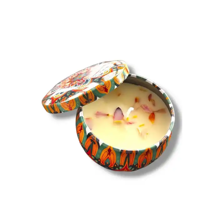 Karışık Renk Etnik Desenli Kuru Çiçek Detaylı Kutulu Kokulu Dekoratif Mum