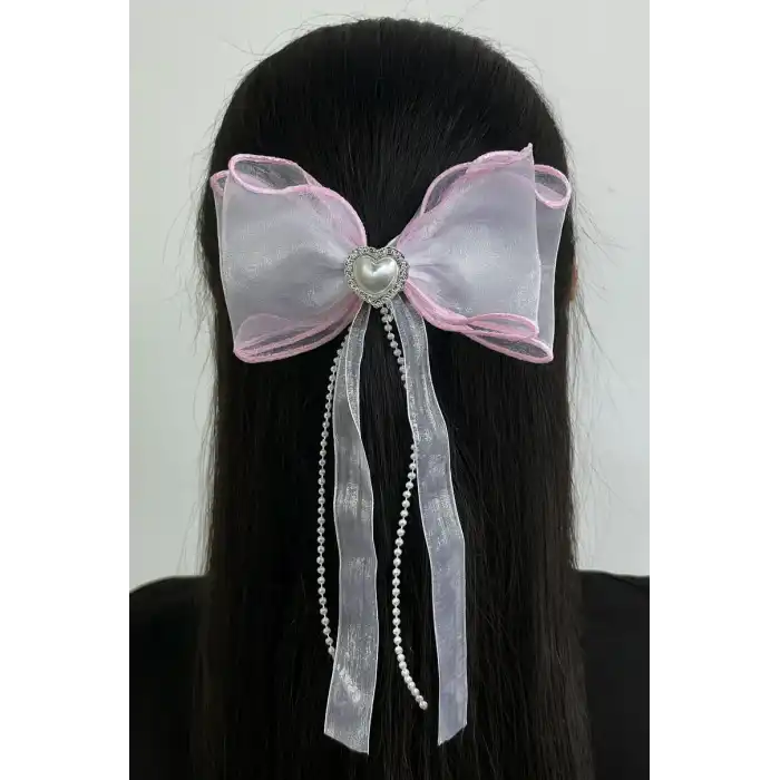 Karışık Renk İnci Ve Kalp Detaylı Kurdele Otomat Toka