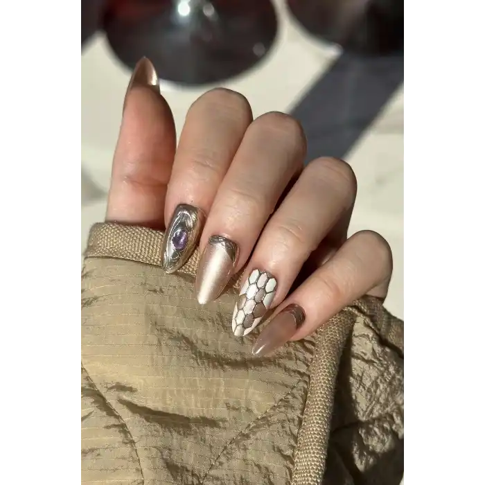 Karışık Renk Jel Tırnak Görünümlü 10lu Takma Tınak Set (Yapıştırıcılı)