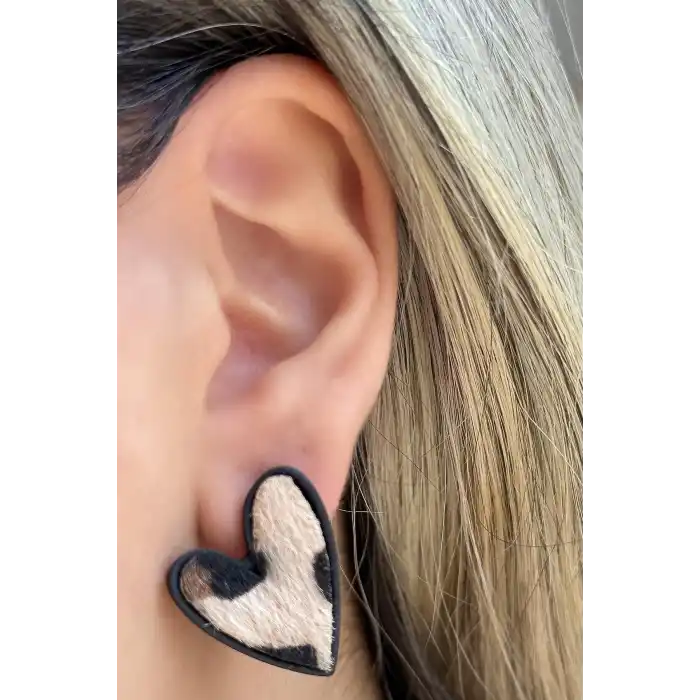 Karışık Renk Kalp Figürlü Leopar Desenli Küpe (Çift)