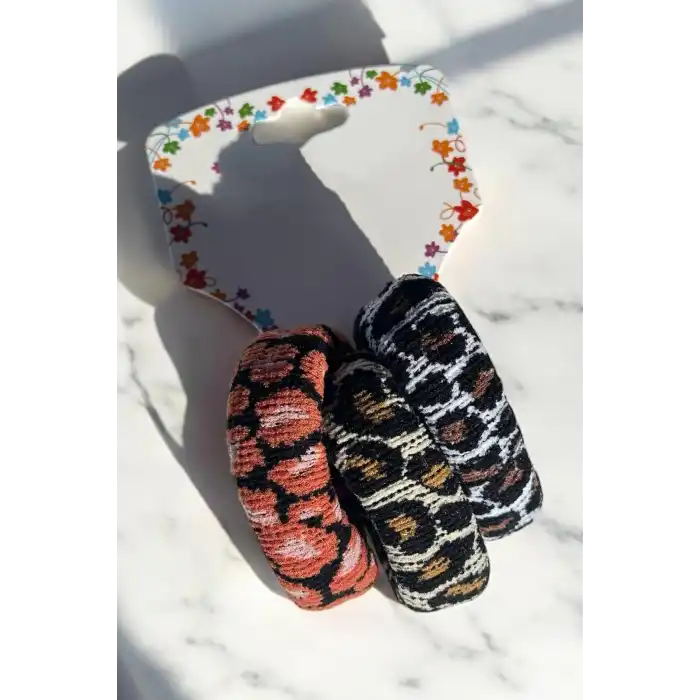 Karışık Renk Leopar Desenli 3lü Havlu Toka