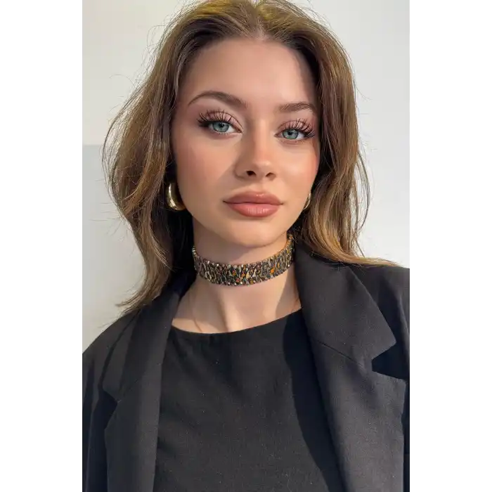 Karışık Renk Leopar Desenli Choker Kolye