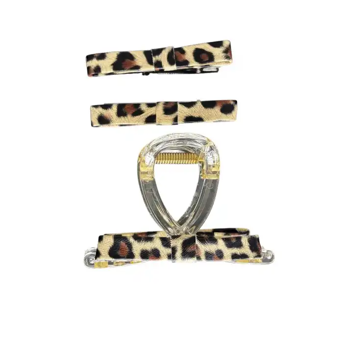 Karışık Renk Leopar Desenli Mandal Toka Ve Yan Toka Set