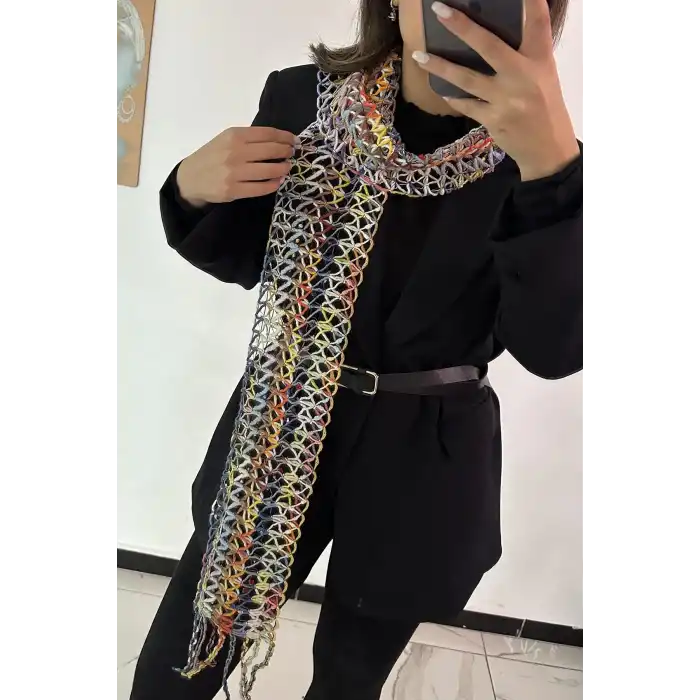 Karışık Renk Örgü Detaylı Şal