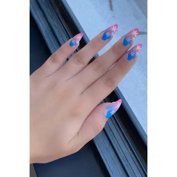 Karışık Renk Palmiye Figürlü 12li Takma Takma Tırnak (Yapıştırıcılı)