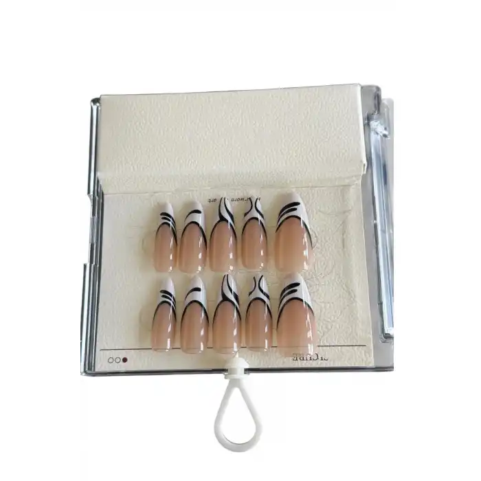 Karışık Renk Zebra Detaylı Jel Tırnak Görünümlü 10lu Takma Tınak Set (Yapıştırıcılı)