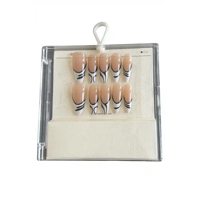 Karışık Renk Zebra Detaylı Jel Tırnak Görünümlü 10lu Takma Tınak Set (Yapıştırıcılı)