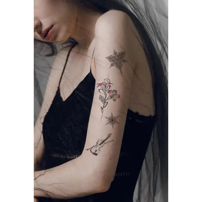 Keman Gül Tilki ve Motifli Geçici Dövme Tattoo