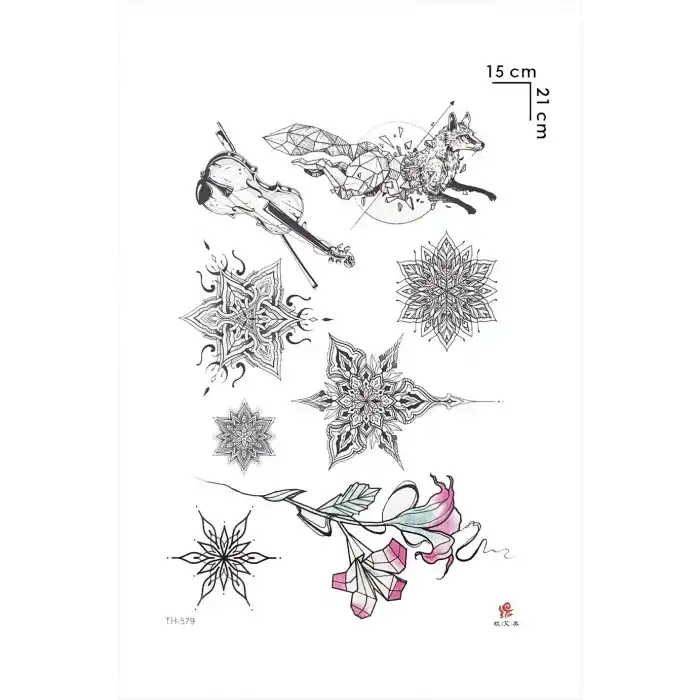 Keman Gül Tilki ve Motifli Geçici Dövme Tattoo