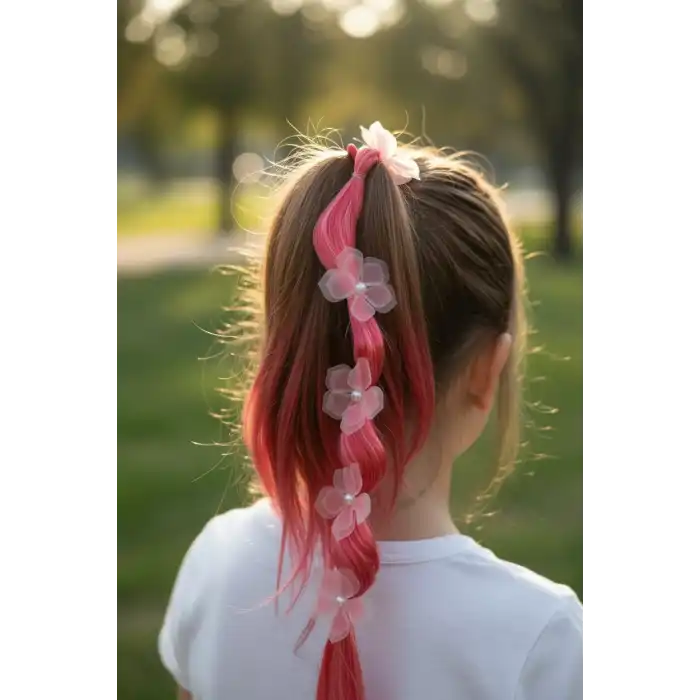 Kırmızı Renk Çiçek Figürlü Saç Detaylı Lastik Toka