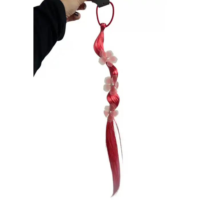 Kırmızı Renk Çiçek Figürlü Saç Detaylı Lastik Toka