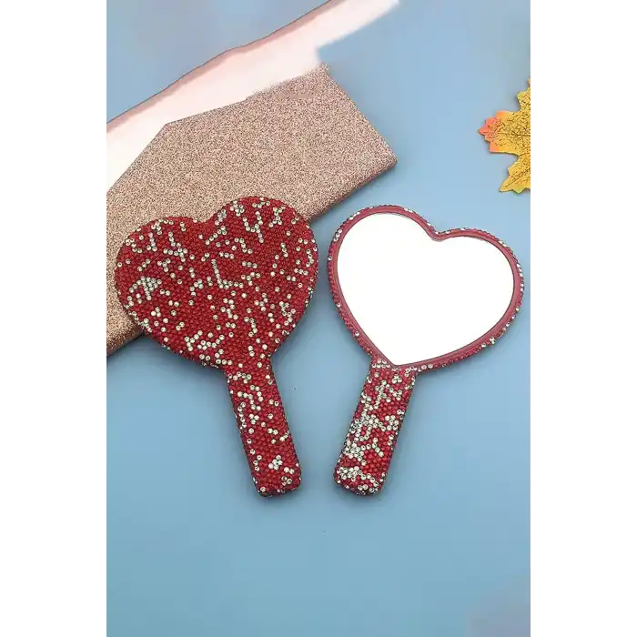 Kırmızı Renk Kalp Figürlü Taş Detaylı El Aynası