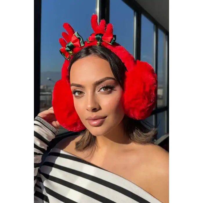 Kırmızı Renk Kurdele Figürlü Çan Detaylı Peluş Kulaklık