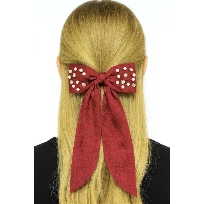 Kırmızı Renk Kurdele Figürlü İnci Ve Taş Detaylı Otomat Toka