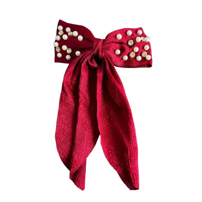 Kırmızı Renk Kurdele Figürlü İnci Ve Taş Detaylı Otomat Toka