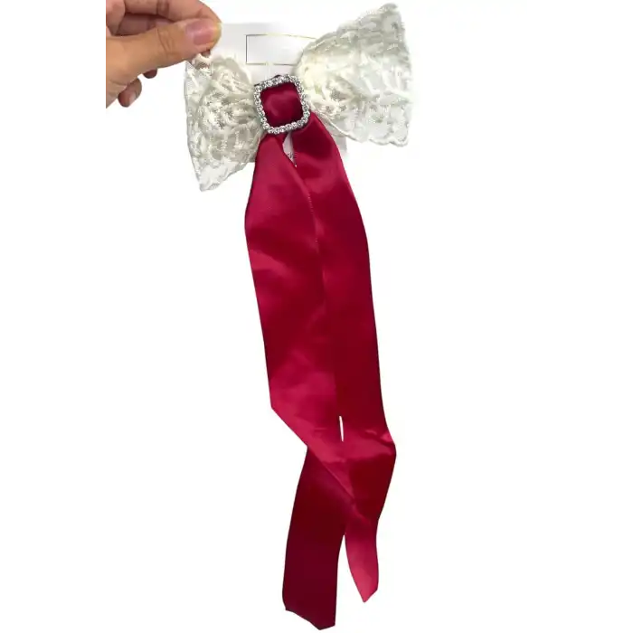 Kırmızı Renk Kurdele Figürlü Taş Detaylı Otomat Toka