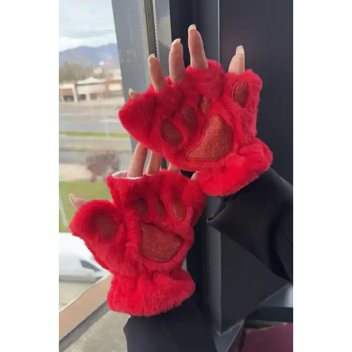 Kırmızı Renk Pati Figürlü Peluş Eldiven
