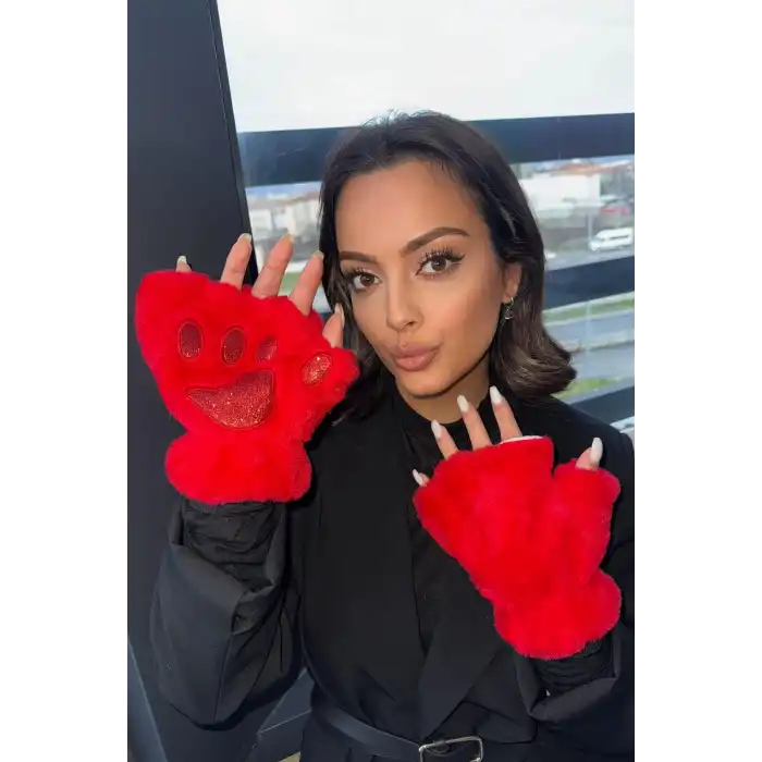 Kırmızı Renk Pati Figürlü Peluş Eldiven