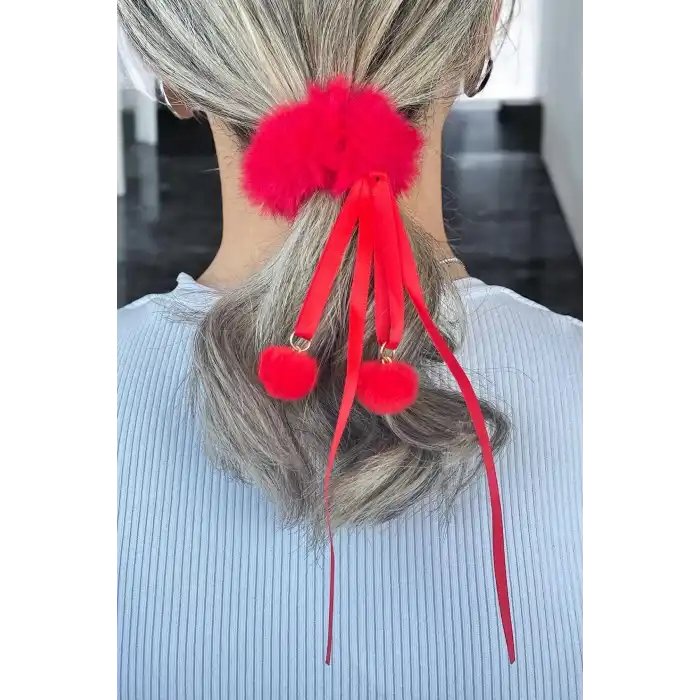 Kırmızı Renk Ponpon Detaylı Peluş Simit Toka