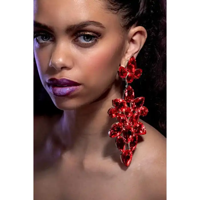 Kırmızı Renk Taşlı Abiye Küpe (Çift) Kına/Gelin Küpe