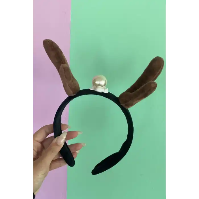 Koyu Kahve Renk Geyik Boynuzu Figürlü İnci Detaylı Taç