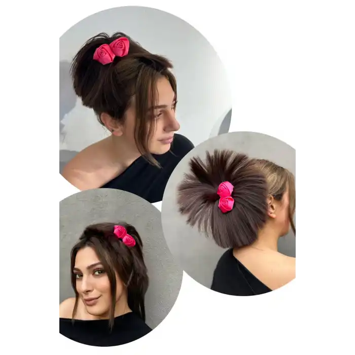 Koyu Kahve Renk Pembe Gül Detaylı Dağınık Topuz Efektli Mandal Toka