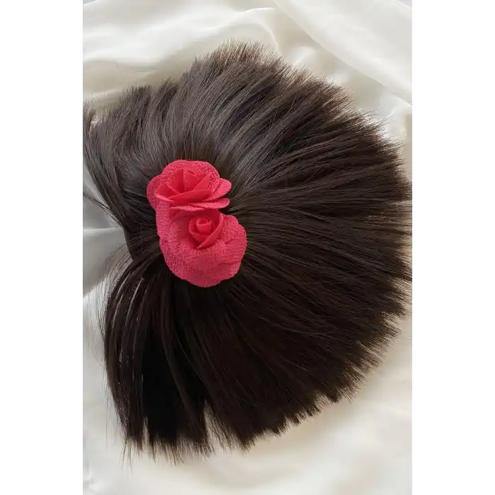 Koyu Kahve Renk Pembe Gül Detaylı Dağınık Topuz Efektli Mandal Toka