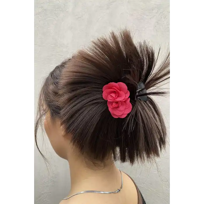 Koyu Kahve Renk Pembe Gül Detaylı Dağınık Topuz Efektli Mandal Toka