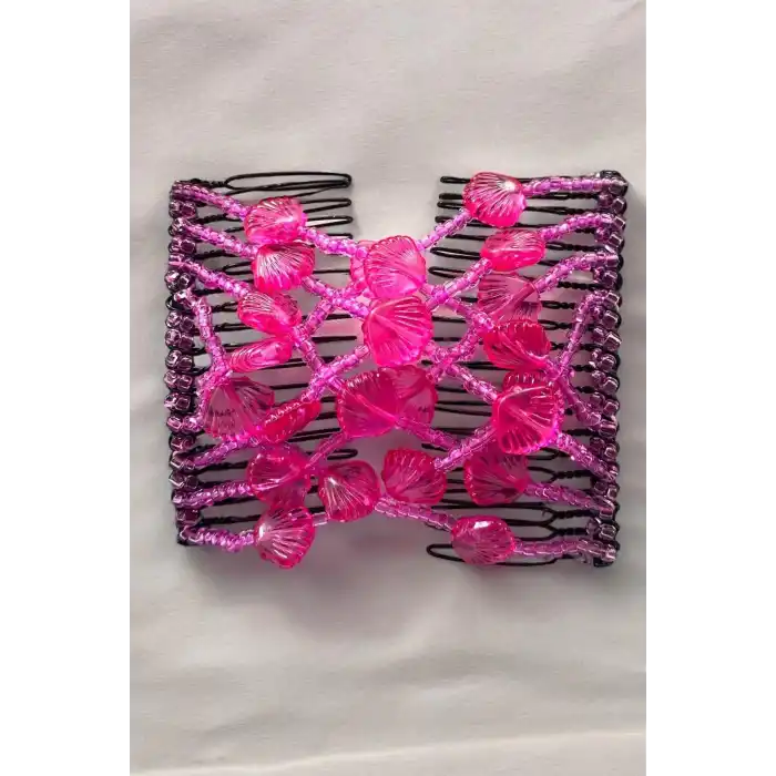 Koyu Pembe Renk Deniz Kabuğu Figürlü Tel Tarak Toka