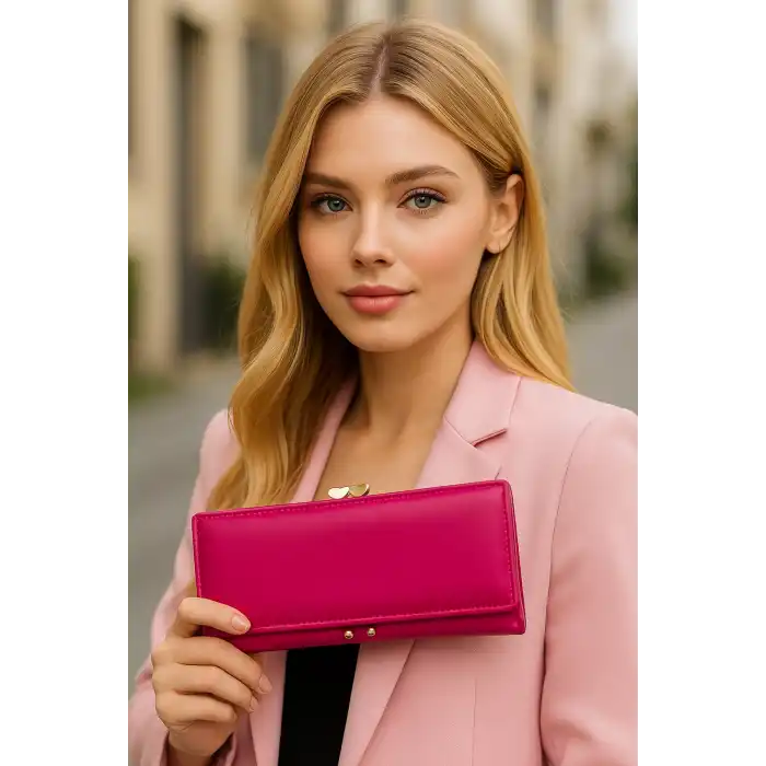 Koyu Pembe Renk Kalp Detaylı Kadın Cüzdan