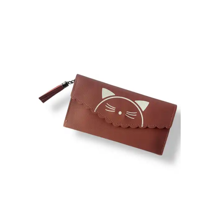 Koyu Pembe Renk Kedi Figürlü Deri Kadın Cüzdan