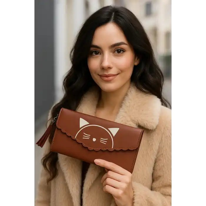 Koyu Pembe Renk Kedi Figürlü Deri Kadın Cüzdan