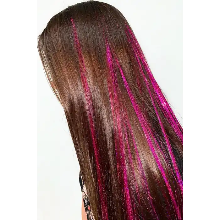 Koyu Pembe Renk Simli Yan Postiş Hair Tinsel Shiny Hair (50 Cm)
