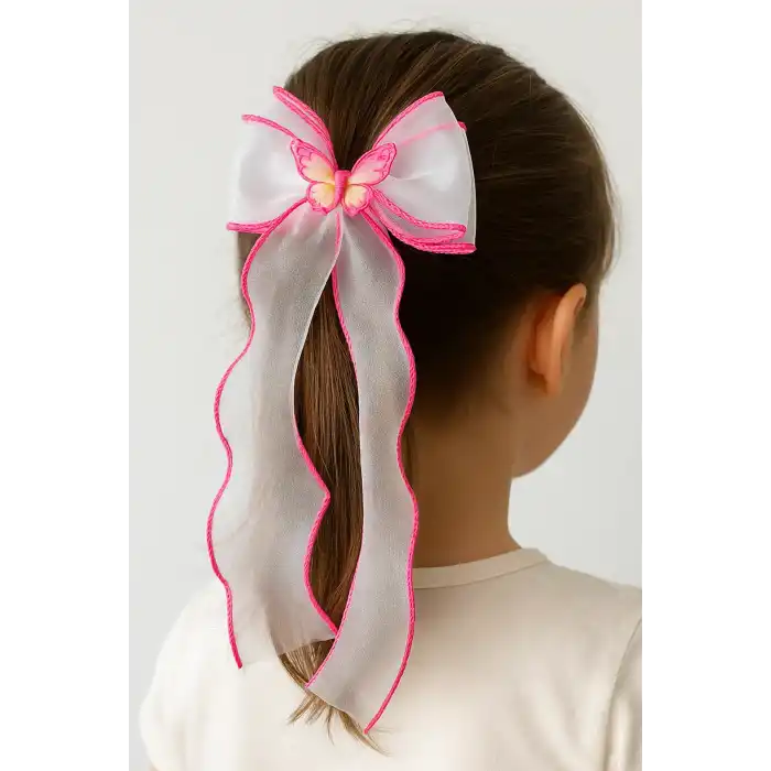 Koyu Pembe Ve Beyaz  Renk Kelebek Figürlü Otomat Toka