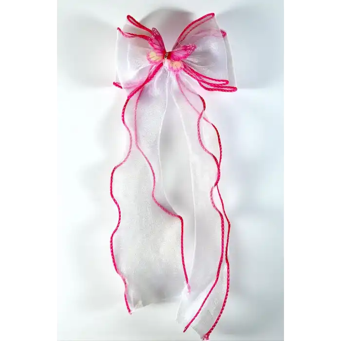 Koyu Pembe Ve Beyaz  Renk Kelebek Figürlü Otomat Toka