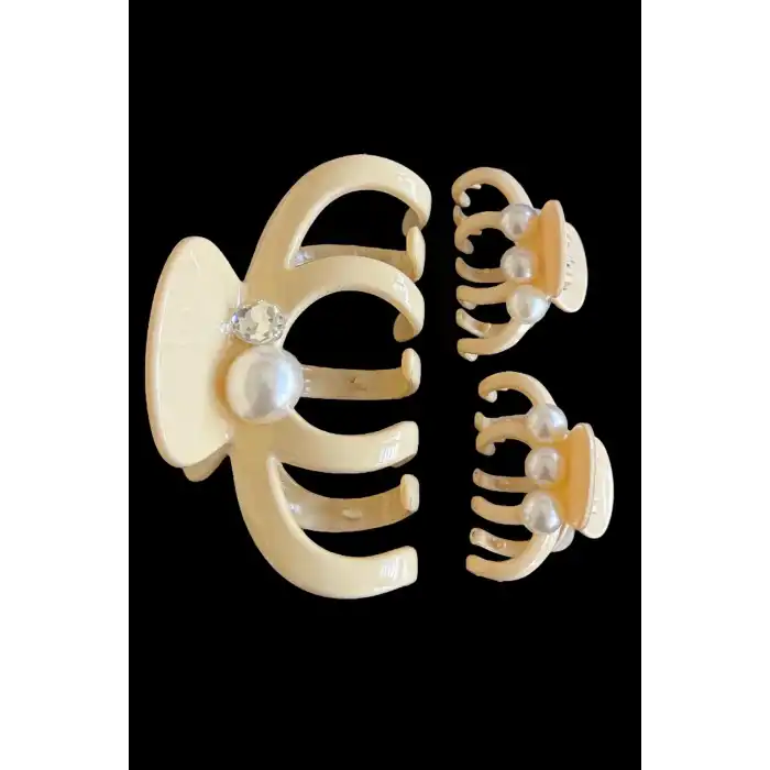 Krem Renk İnci Detaylı 3lü Kemik Mandal Toka Set