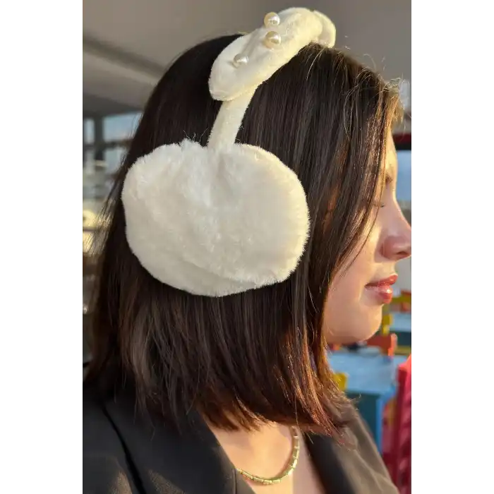 Krem Renk İnci Detaylı Kulaklı Çocuk Peluş Kulaklık