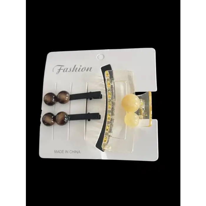 Krem Renk İnci Detaylı Yan Toka Ve Mandal Toka Set