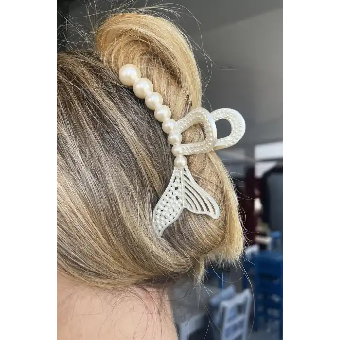 Krem Renk İncili Büyük Boy Balık Figürlü Mandal Toka