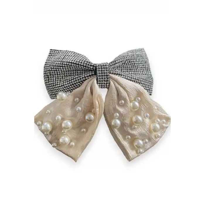 Krem Renk Kurdele Figürlü İnci Ve Taş Detaylı Otomat Toka