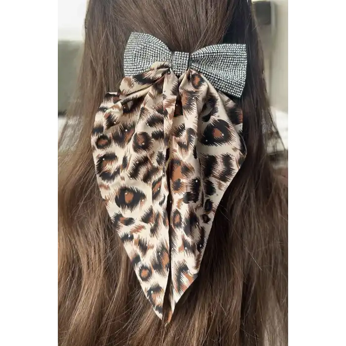 Krem Renk Leopar Desenli Taş Detaylı Otomat Toka