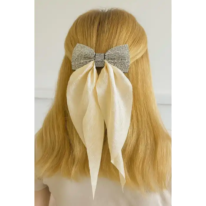 Krem Renk Taş Detaylı Kurdele Otomat Toka