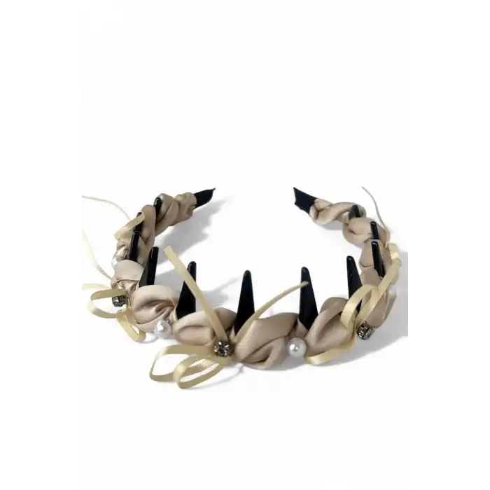 Krem Renk Taş Ve İnci Detaylı Taraklı Taç