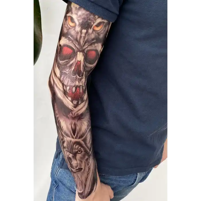 Kurukafa ve Baykuş Modelli Kol Dövme Tattoo