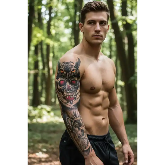 Kurukafa ve Baykuş Modelli Kol Dövme Tattoo